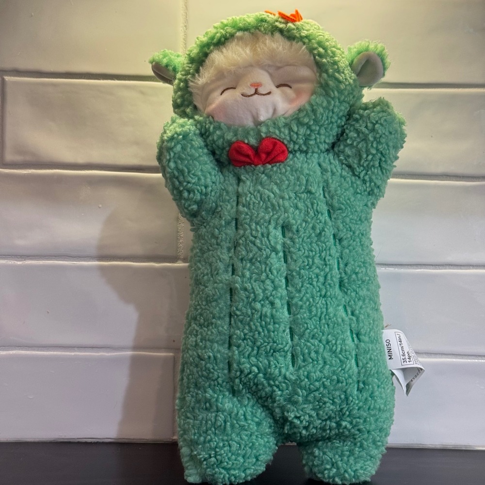 Miniso Lamb Plush Toy Kids 14in Green Sherpa Hooded Sleepy Sheep Red Bow